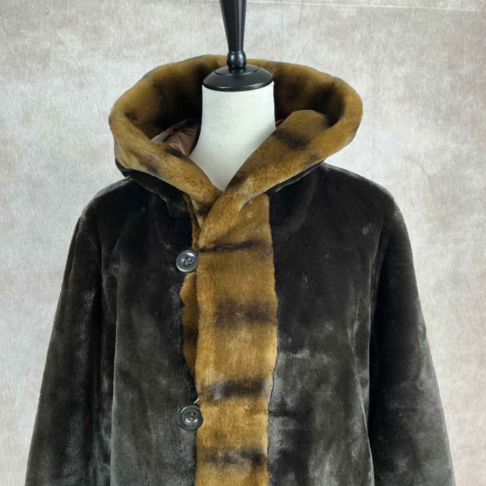 Dennis Basso Reversible Hooded Faux Fur & Nylon Trench Coat Women's Size L - Picture 4 of 7